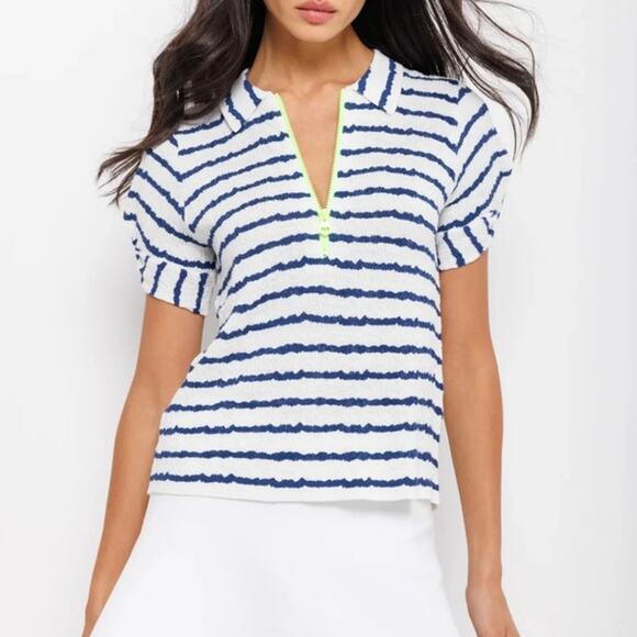 Lisa Todd Short Sleeve Get In Line Top Womens Small Navy Stripe Polo Preppy - Picture 1 of 12